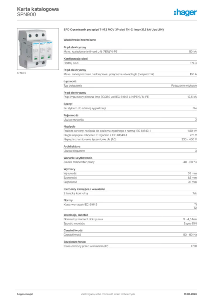 Zdjęcie Hager Karta katalogowa SPN900 | Hager Polska