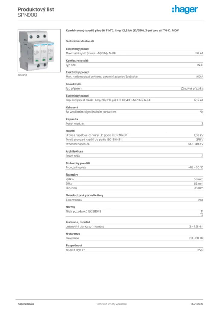 Obrázek Hager Product data sheet SPN900 | Hager