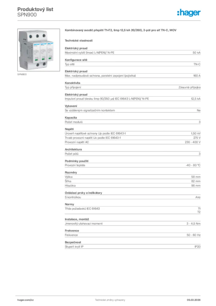 Obrázek Hager Product data sheet SPN900 | Hager