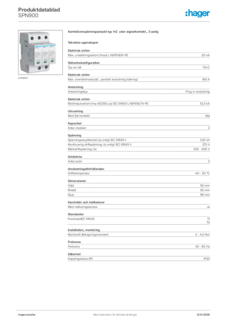 Bild Hager Produktdatablad SPN900 | Hager Sverige