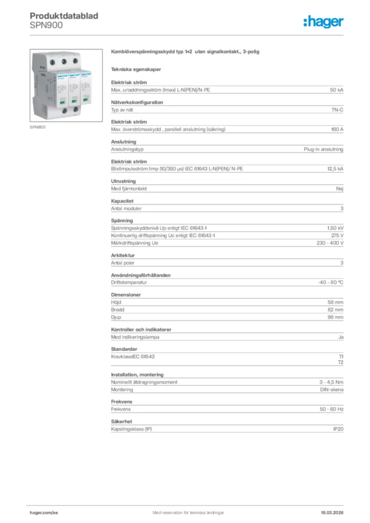 Bild Hager Produktdatablad SPN900 | Hager Sverige