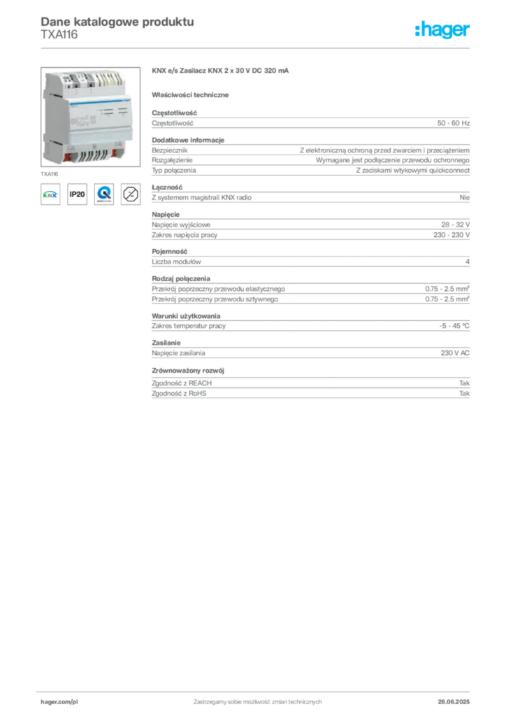 Zdjęcie Hager Dane katalogowe produktu TXA116 | Hager Polska
