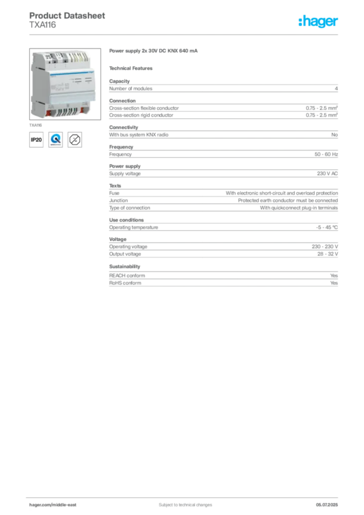 Image Hager Product data sheet TXA116  | Hager