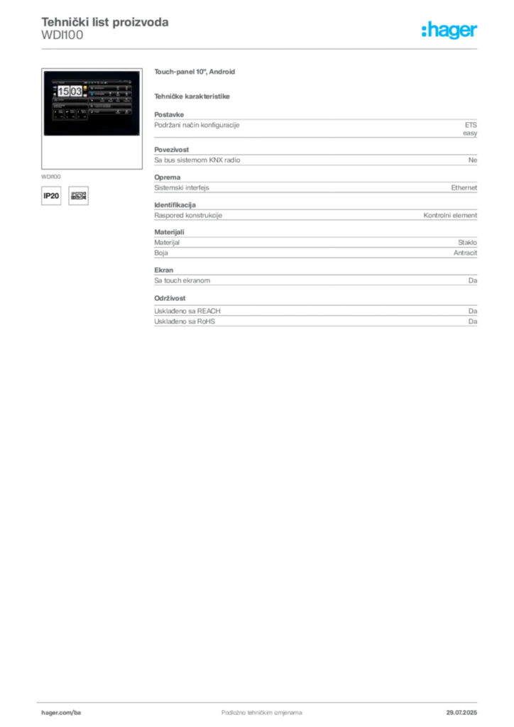 Slika Hager Product data sheet WDI100  | Hager