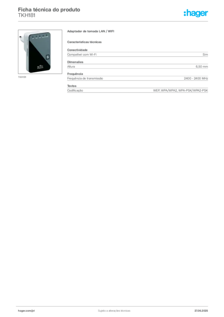 Imagem Hager Ficha técnica do produto TKH181 | Hager Portugal