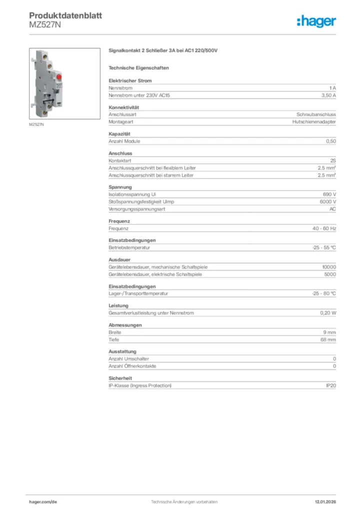 Bild Hager Produktdatenblatt MZ527N | Hager Deutschland