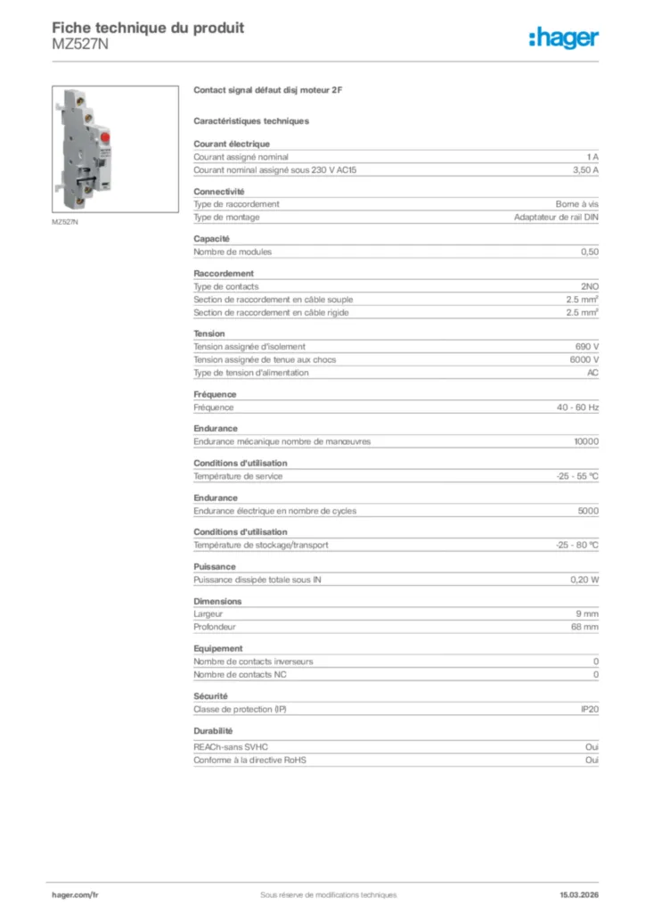 Image Hager Fiche technique du produit MZ527N | Hager France