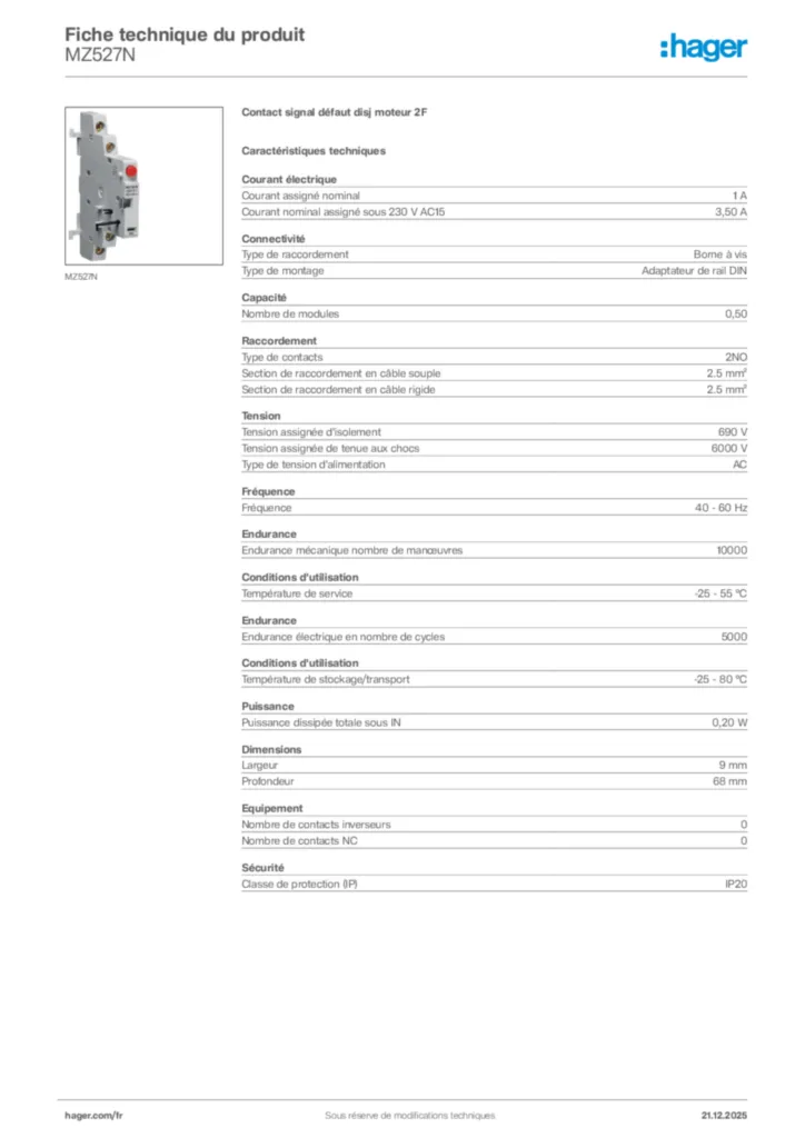 Image Hager Fiche technique du produit MZ527N | Hager France