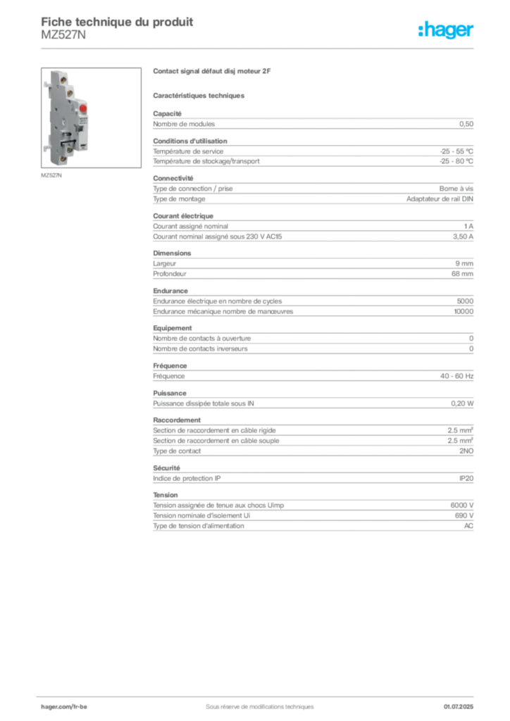 Image Hager Fiche technique du produit MZ527N | Hager Belgique