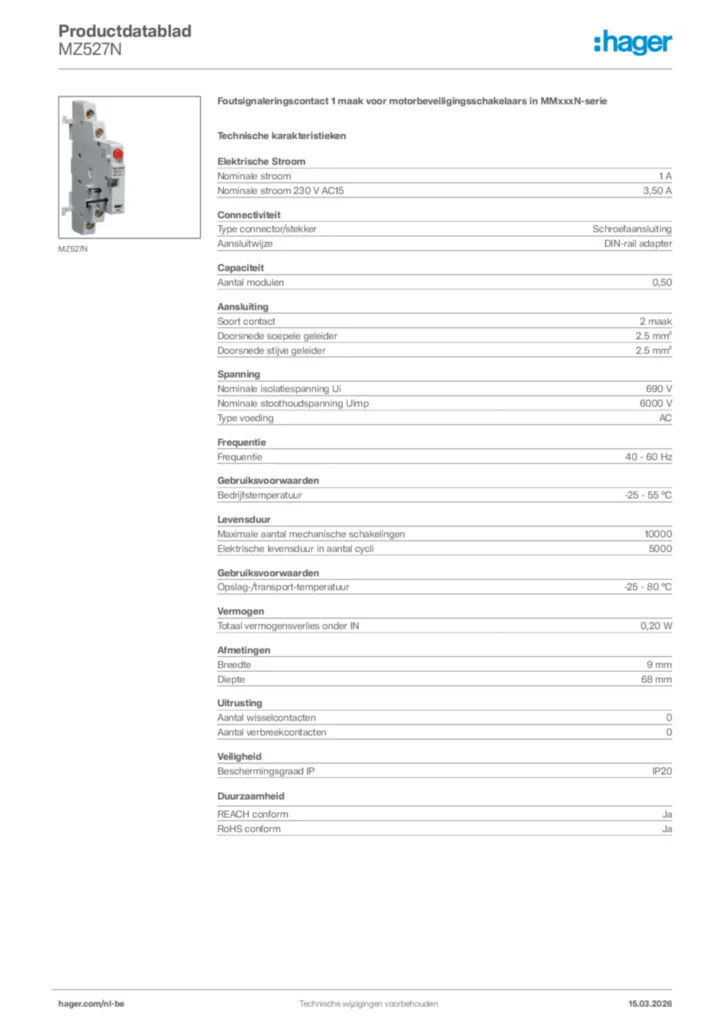 Afbeelding Hager Productdatablad MZ527N | Hager Belgium