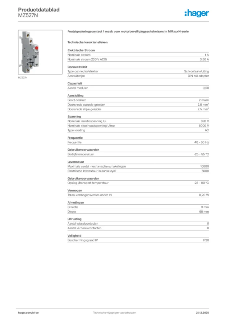 Afbeelding Hager Productdatablad MZ527N | Hager Belgium