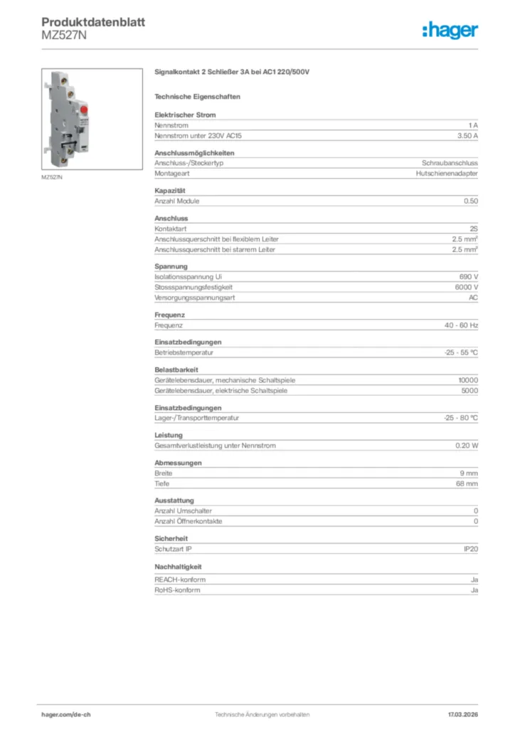 Bild Hager Produktdatenblatt MZ527N | Hager Schweiz