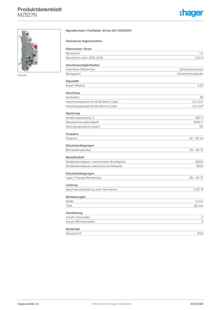 Bild Hager Produktdatenblatt MZ527N | Hager Schweiz