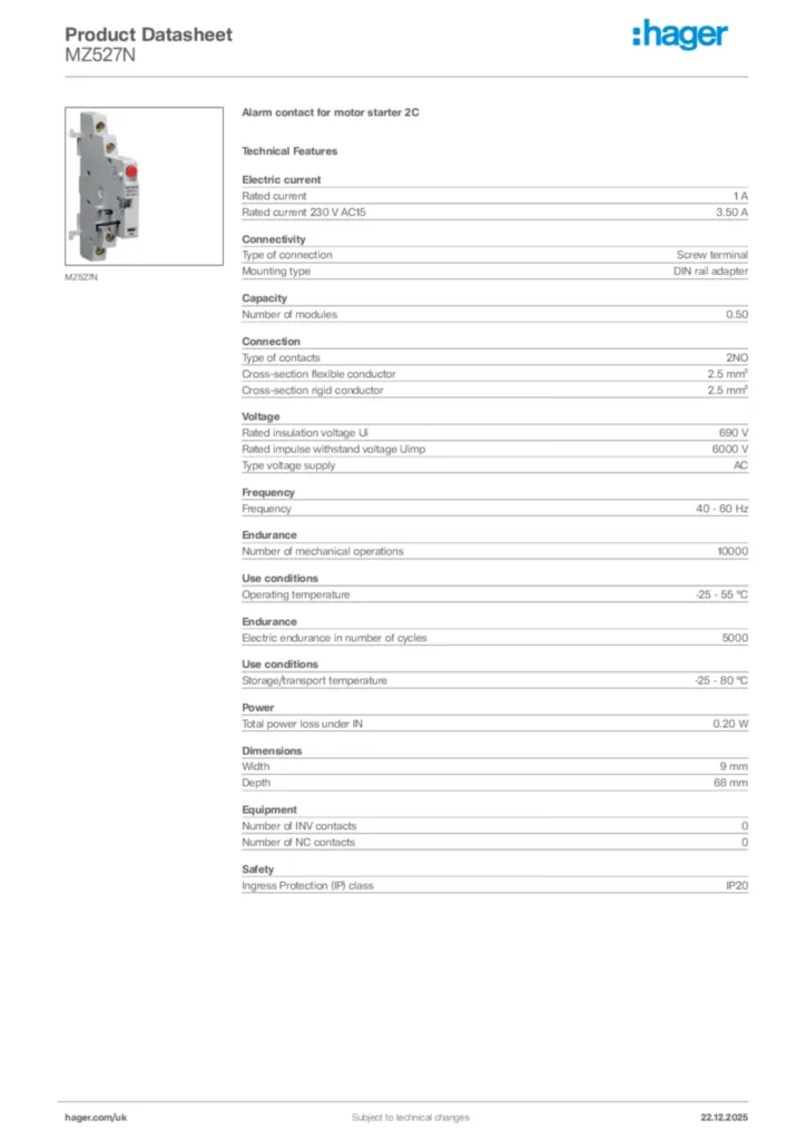 Image Hager Product data sheet MZ527N  | Hager