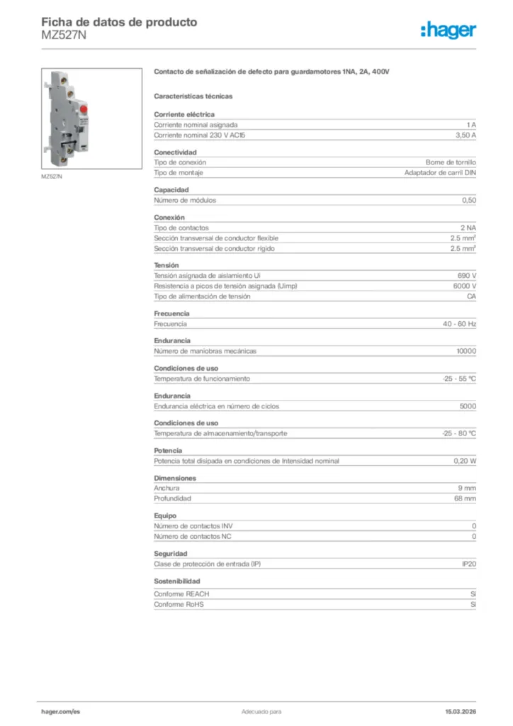 Imagen Hager Ficha de datos de producto MZ527N | Hager España
