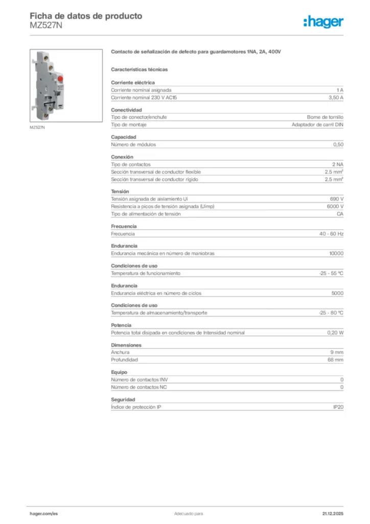 Imagen Hager Ficha de datos de producto MZ527N | Hager España