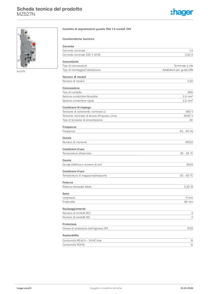 Immagine Hager Scheda tecnica del prodotto MZ527N | Hager Italia
