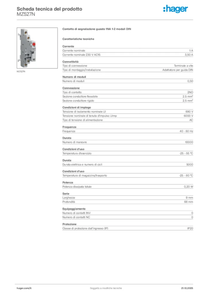 Immagine Hager Scheda tecnica del prodotto MZ527N | Hager Italia