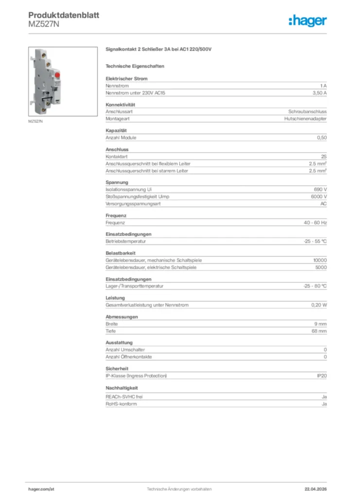 Bild Hager Produktdatenblatt MZ527N | Hager Deutschland