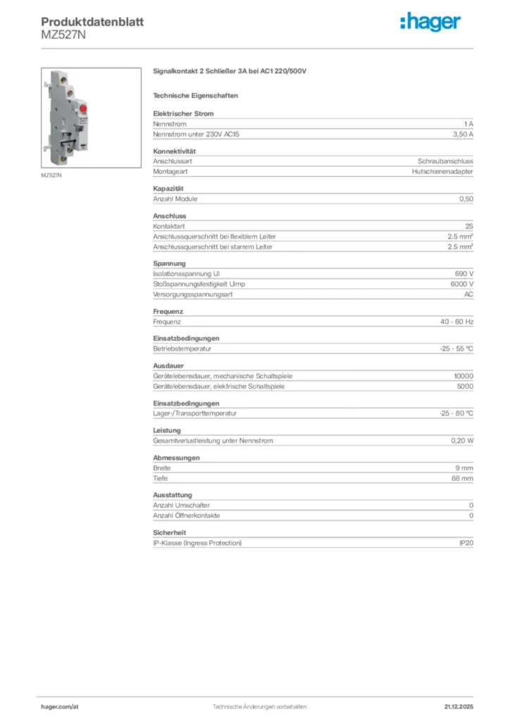 Bild Hager Produktdatenblatt MZ527N | Hager Deutschland