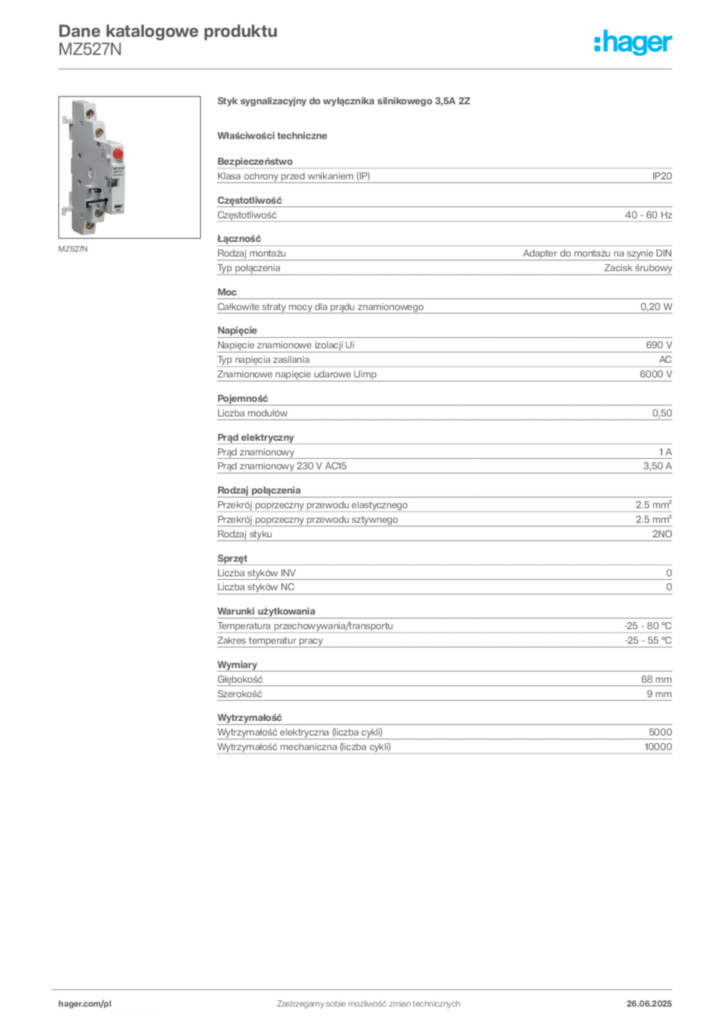 Zdjęcie Hager Dane katalogowe produktu MZ527N | Hager Polska