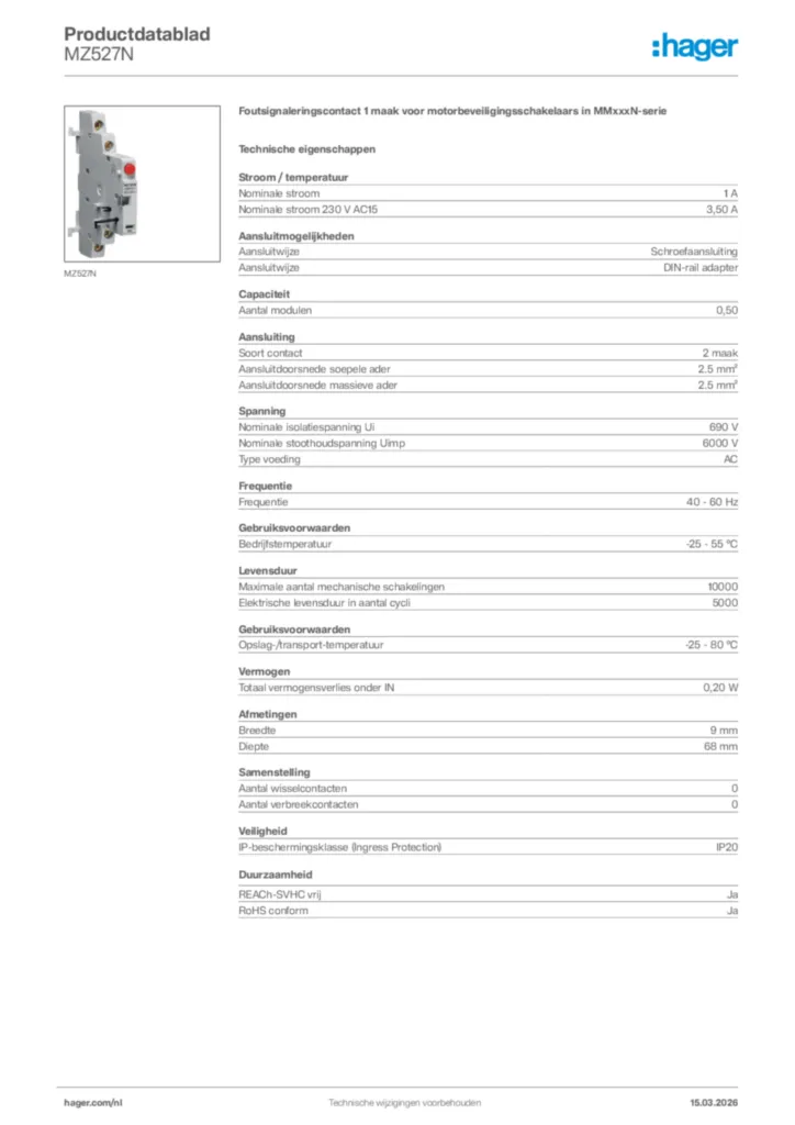 Afbeelding Hager Productdatablad MZ527N | Hager Nederland