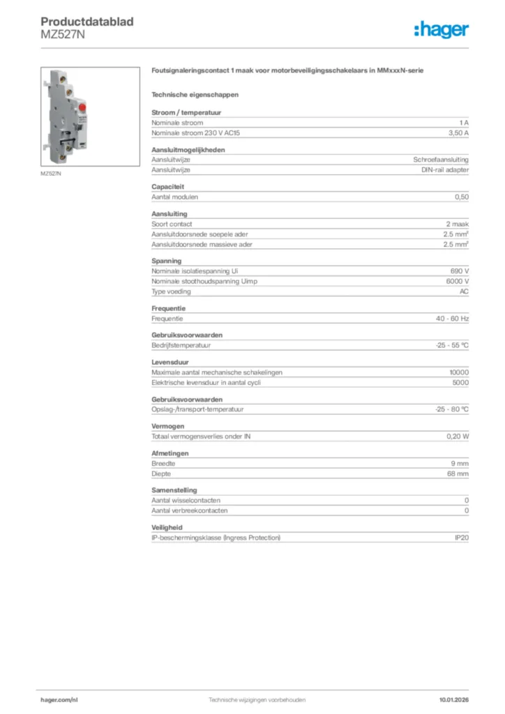 Afbeelding Hager Productdatablad MZ527N | Hager Nederland