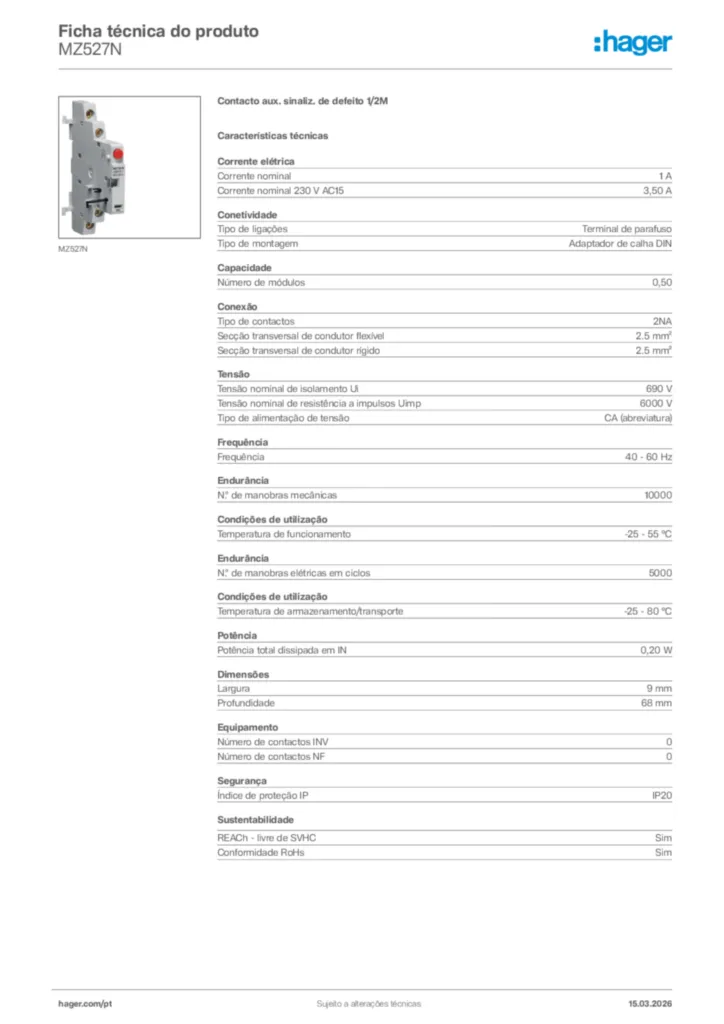 Imagem Hager Ficha técnica do produto MZ527N | Hager Portugal