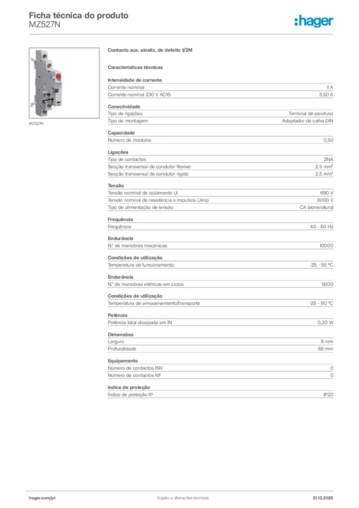 Imagem Hager Ficha técnica do produto MZ527N | Hager Portugal