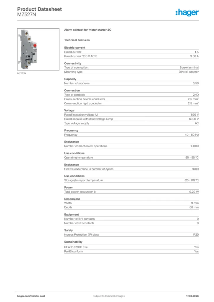 Image Hager Product data sheet MZ527N  | Hager