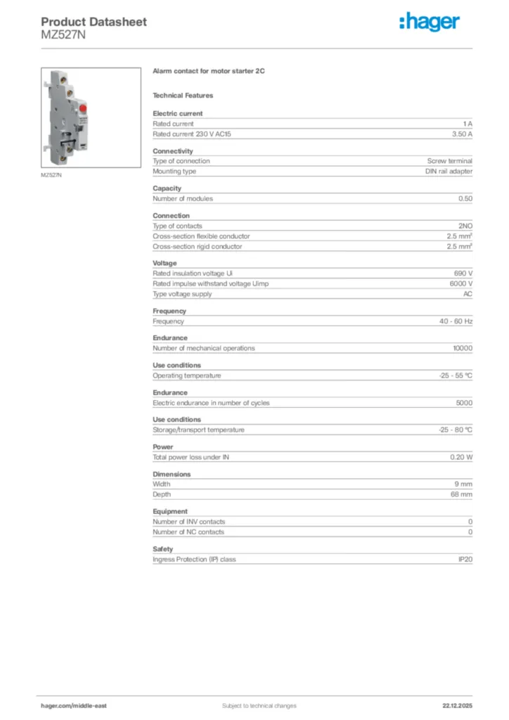 Image Hager Product data sheet MZ527N  | Hager