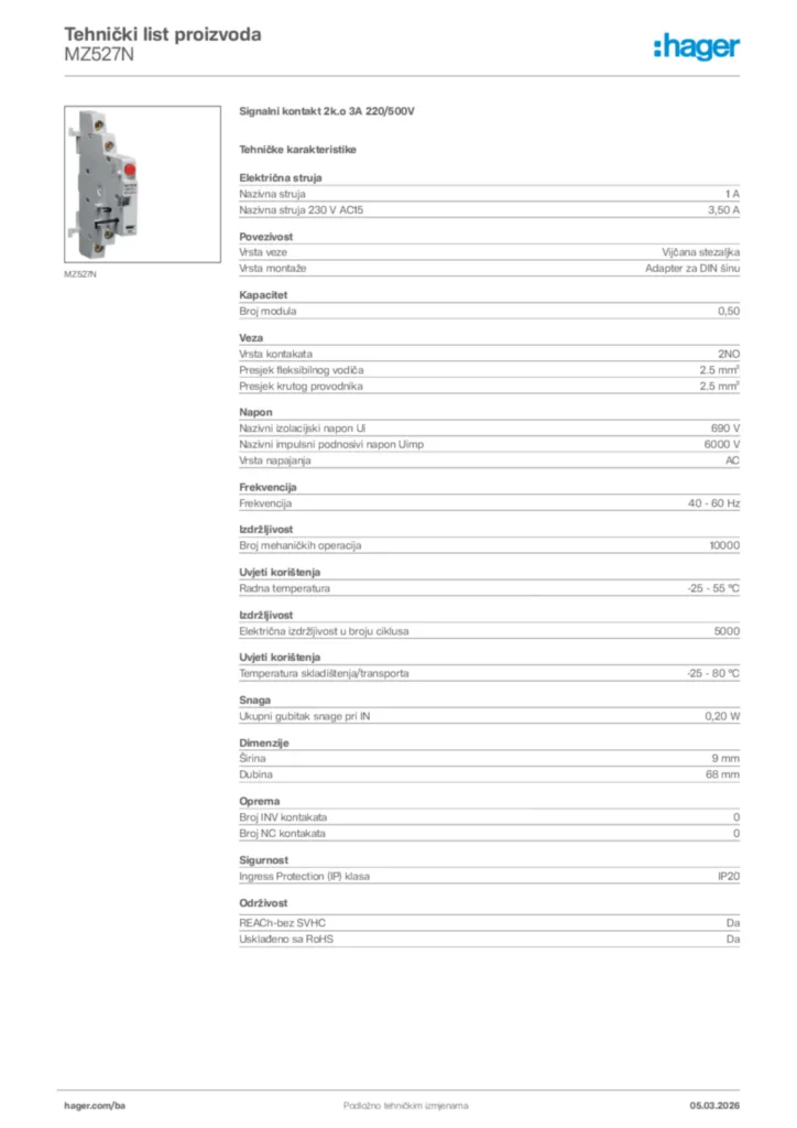 Slika Hager Tehnički list proizvoda MZ527N  | Hager