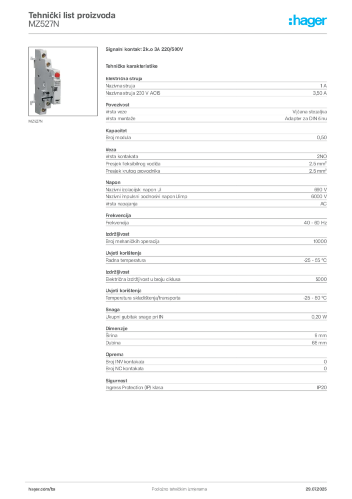 Slika Hager Product data sheet MZ527N  | Hager