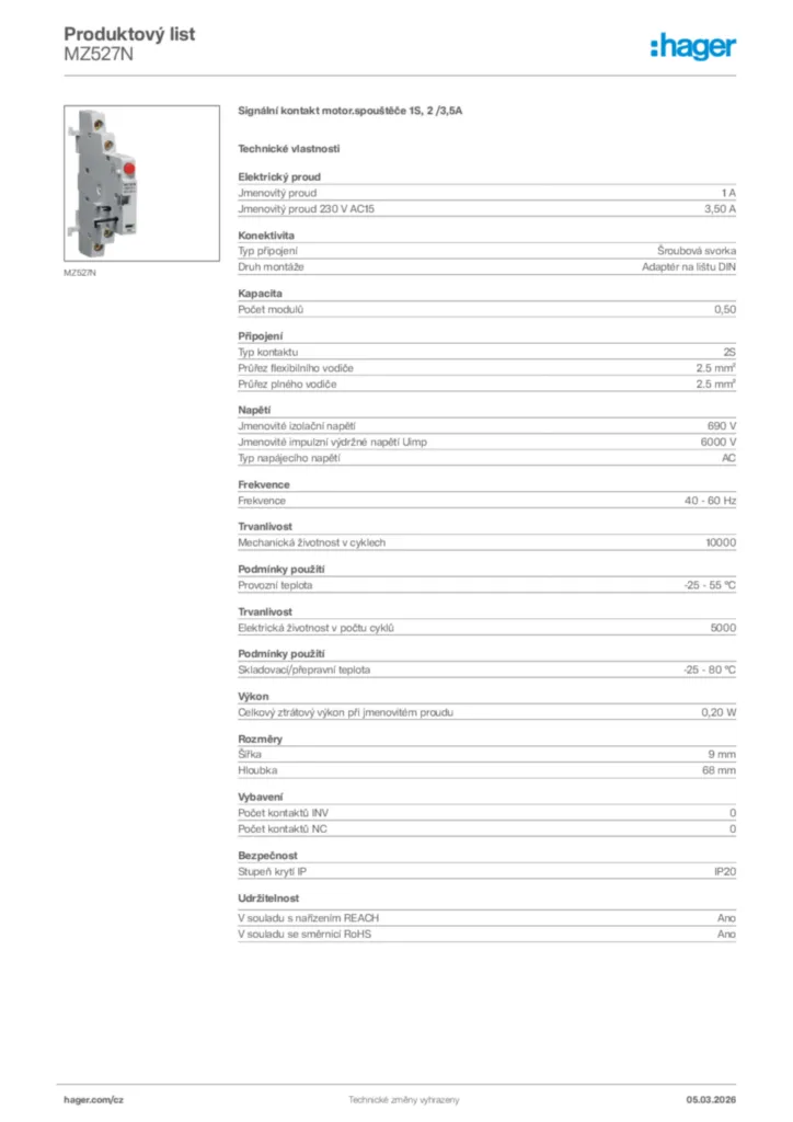 Obrázek Hager Product data sheet MZ527N | Hager