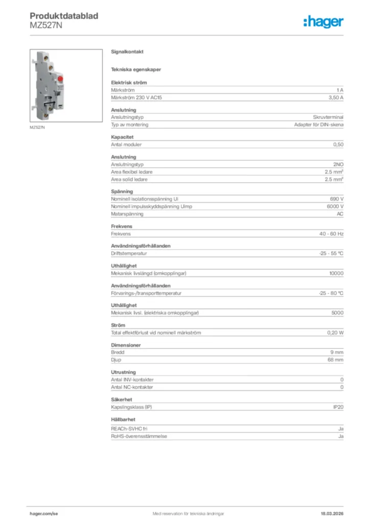 Bild Hager Produktdatablad MZ527N | Hager Sverige