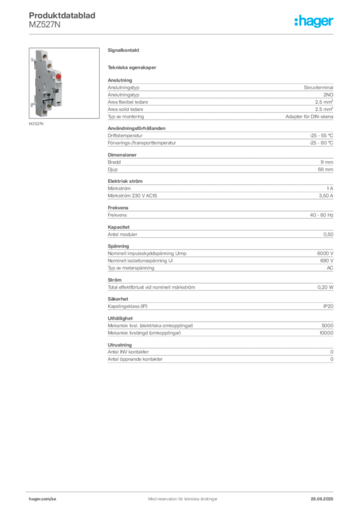 Bild Hager Produktdatablad MZ527N | Hager Sverige