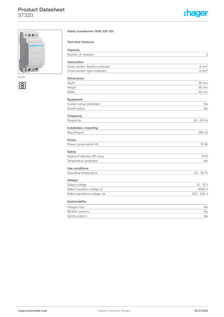 Image Hager Product data sheet ST320  | Hager
