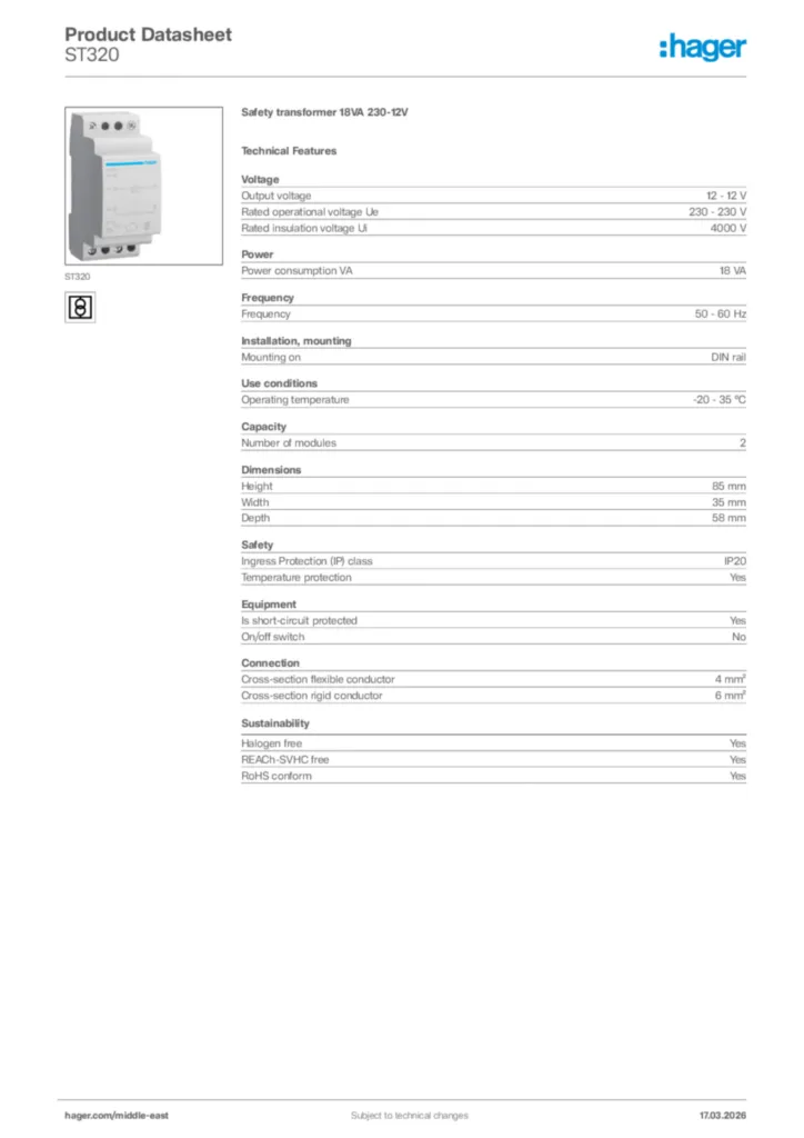 Image Hager Product data sheet ST320  | Hager