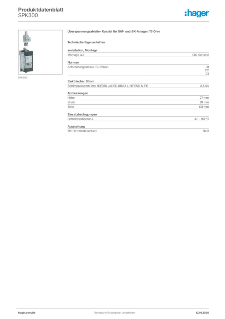 Bild Hager Produktdatenblatt SPK300 | Hager Deutschland