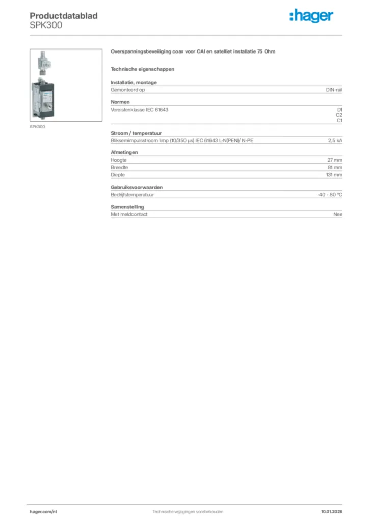 Afbeelding Hager Productdatablad SPK300 | Hager Nederland