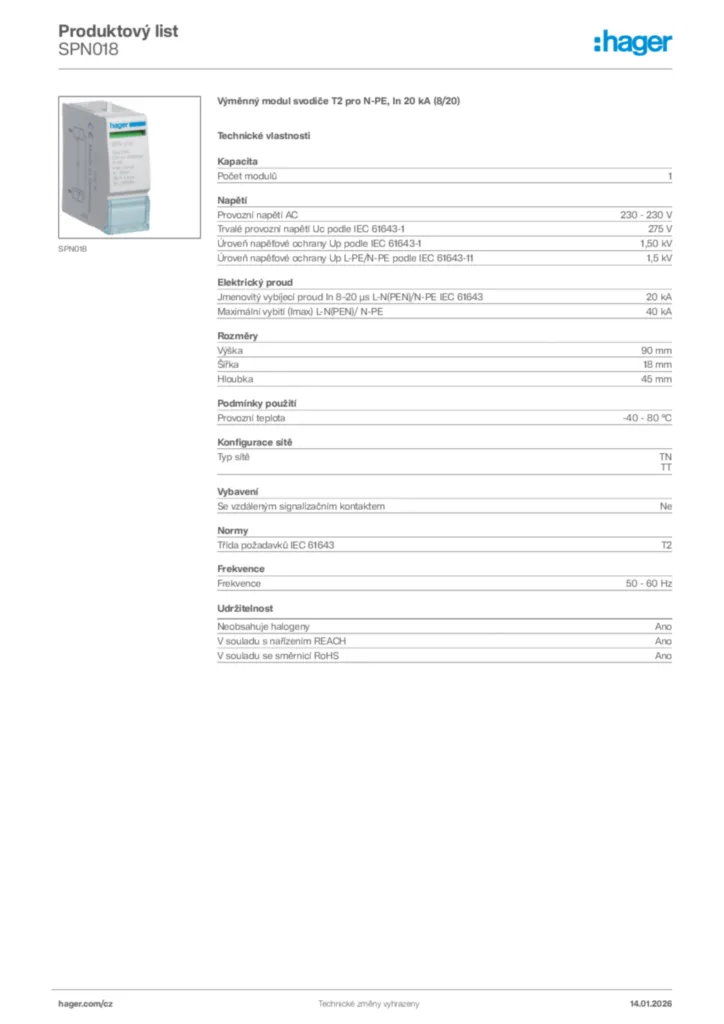 Obrázek Hager Product data sheet SPN018 | Hager