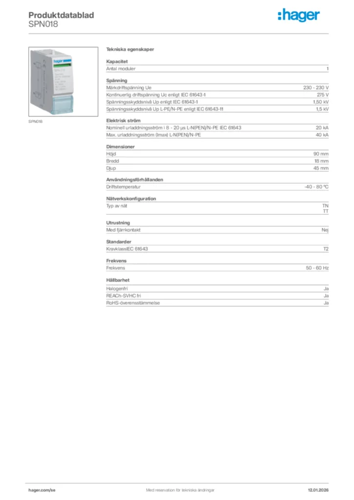 Bild Hager Produktdatablad SPN018 | Hager Sverige