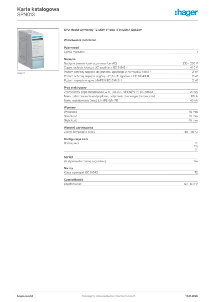 Zdjęcie Hager Karta katalogowa SPN013 | Hager Polska