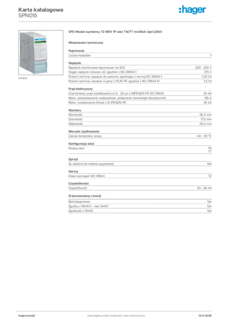 Zdjęcie Hager Karta katalogowa SPN015 | Hager Polska