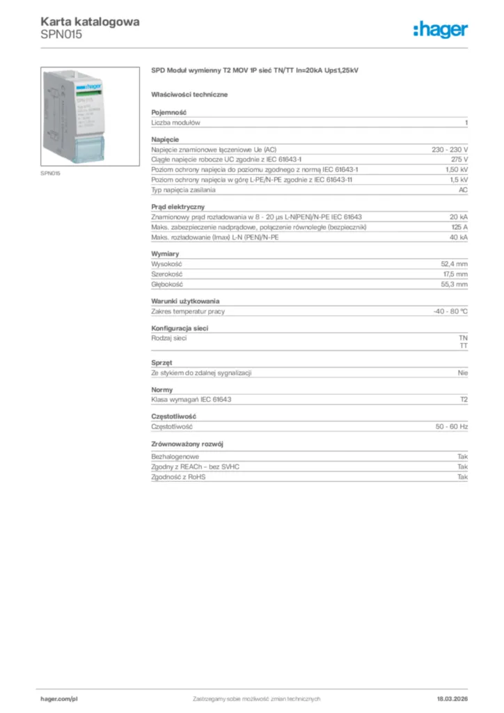 Zdjęcie Hager Karta katalogowa SPN015 | Hager Polska