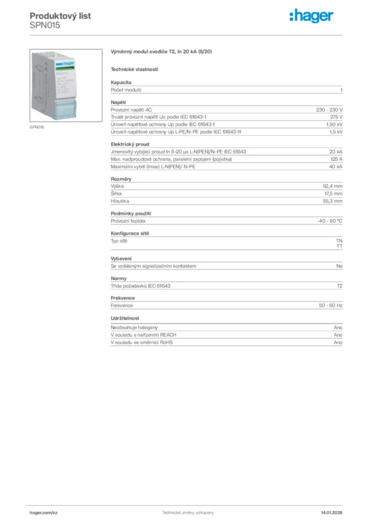 Obrázek Hager Product data sheet SPN015 | Hager