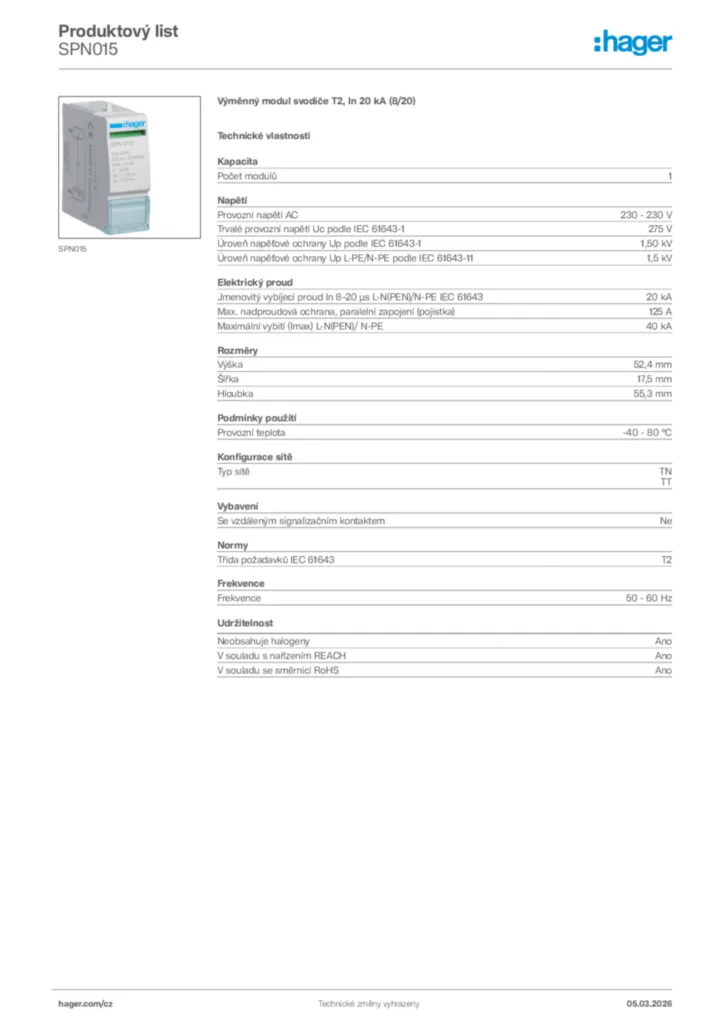 Obrázek Hager Product data sheet SPN015 | Hager