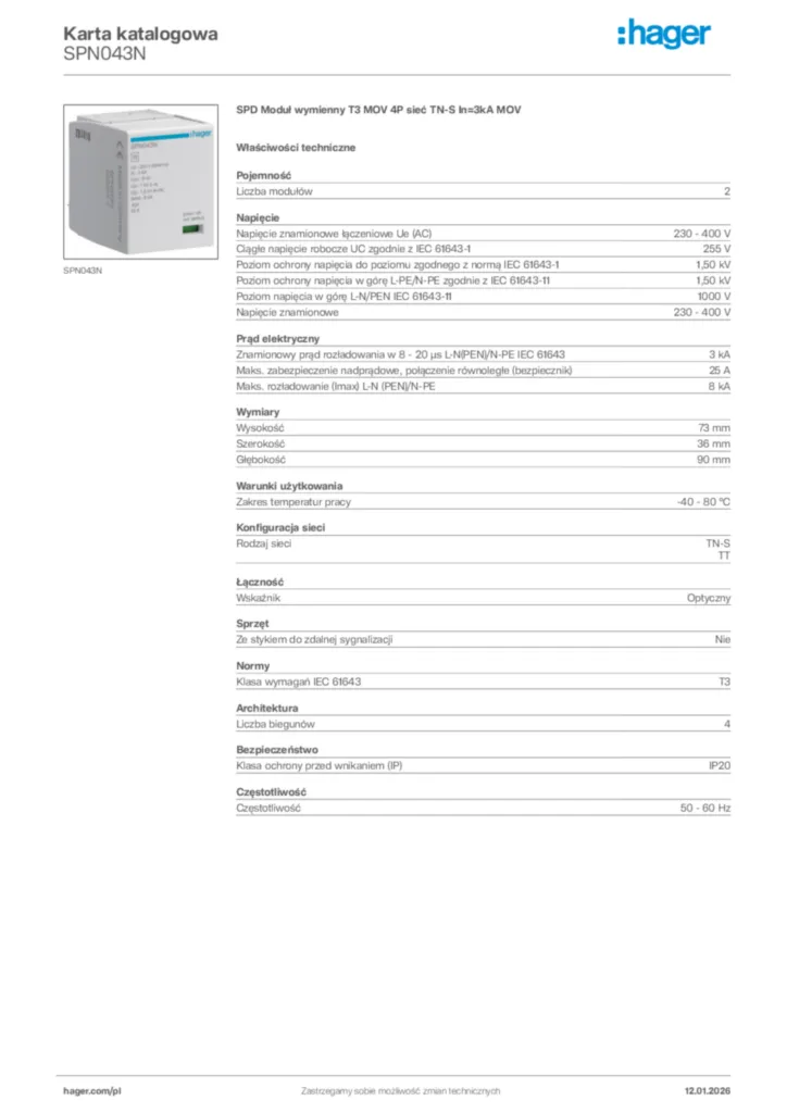 Zdjęcie Hager Karta katalogowa SPN043N | Hager Polska