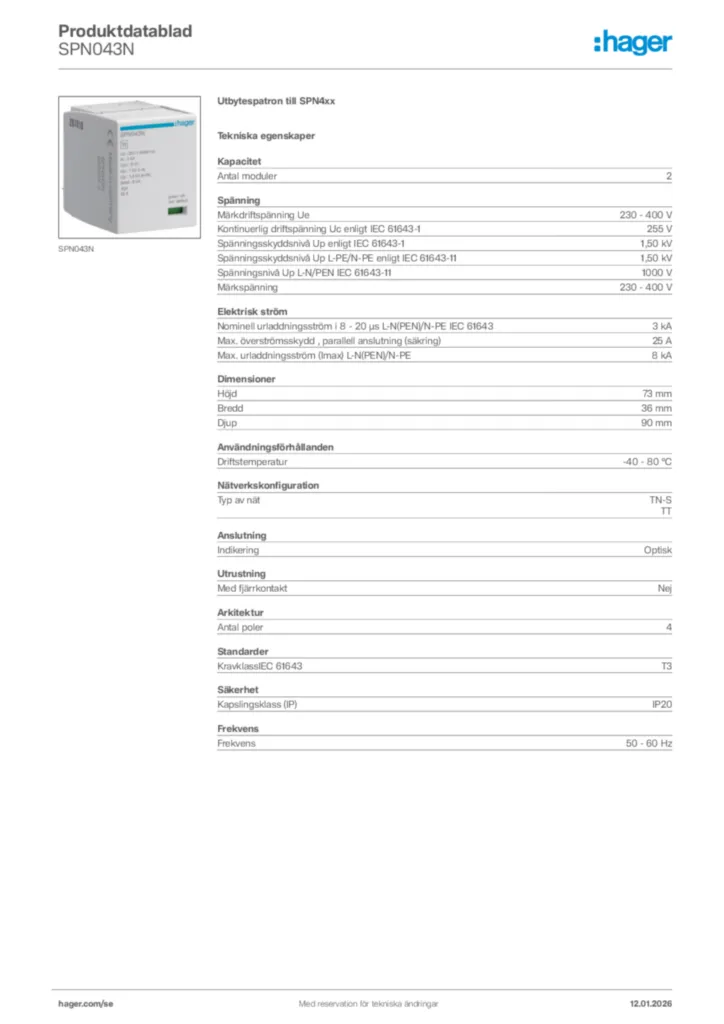 Bild Hager Produktdatablad SPN043N | Hager Sverige