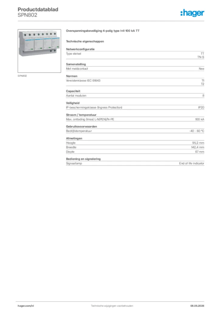 Afbeelding Hager Productdatablad SPN802 | Hager Nederland